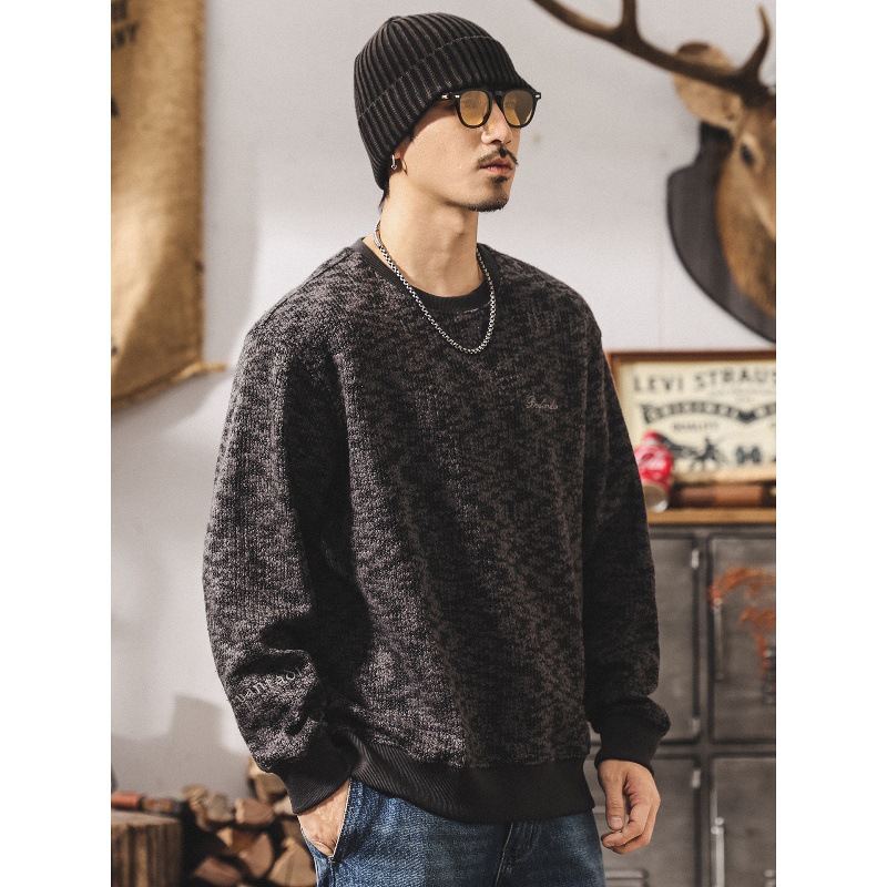 美式復古粗線混色針織衛衣男秋季新款潮牌重磅長袖T恤男春秋上衣