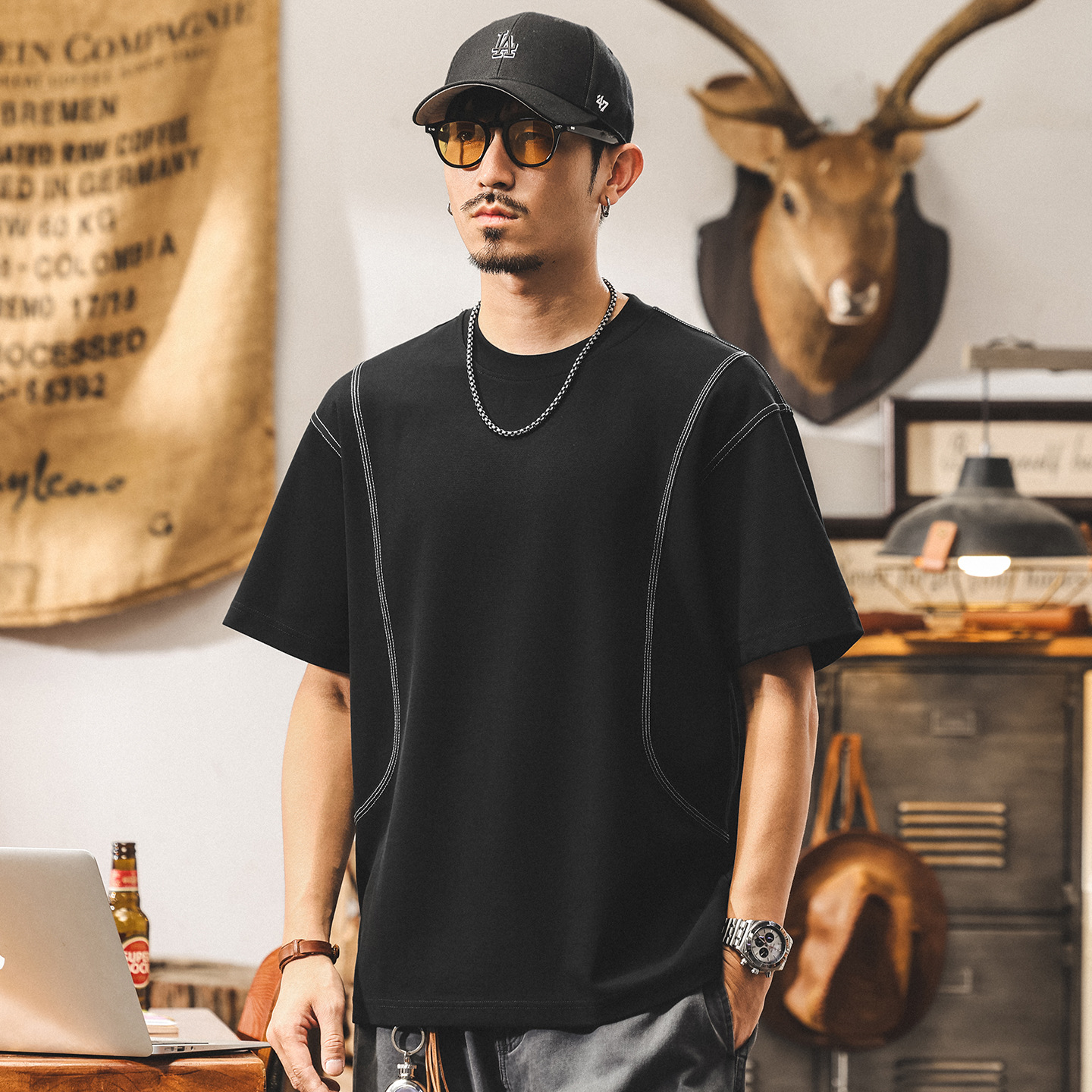 美式潮牌拼接T恤男短袖夏季新款潮牌2025寬鬆大碼休閒男士上衣潮T