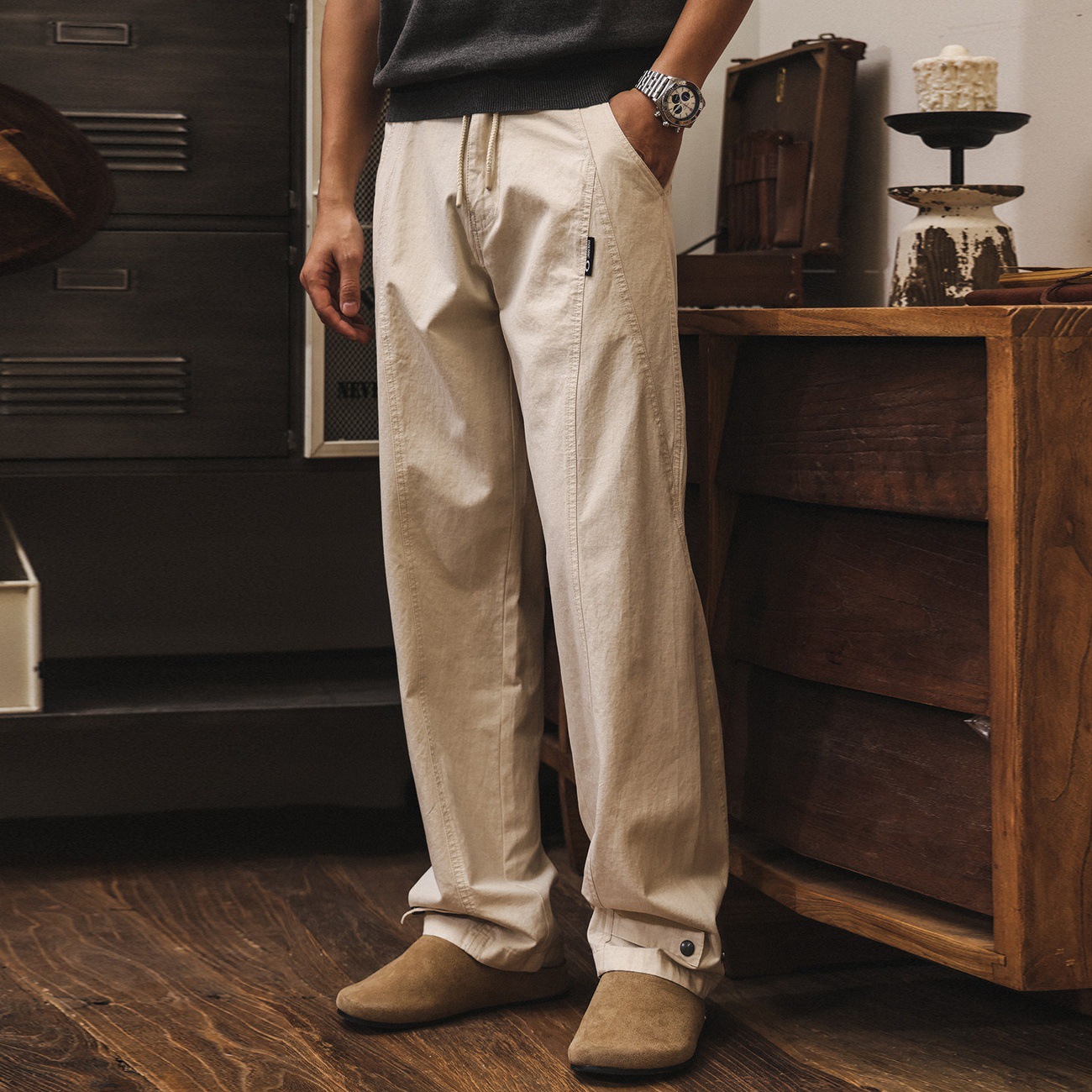 美式復古老錢風亞麻褲子男夏季薄款透氣寬鬆慵懶鬆弛感休閒長褲男