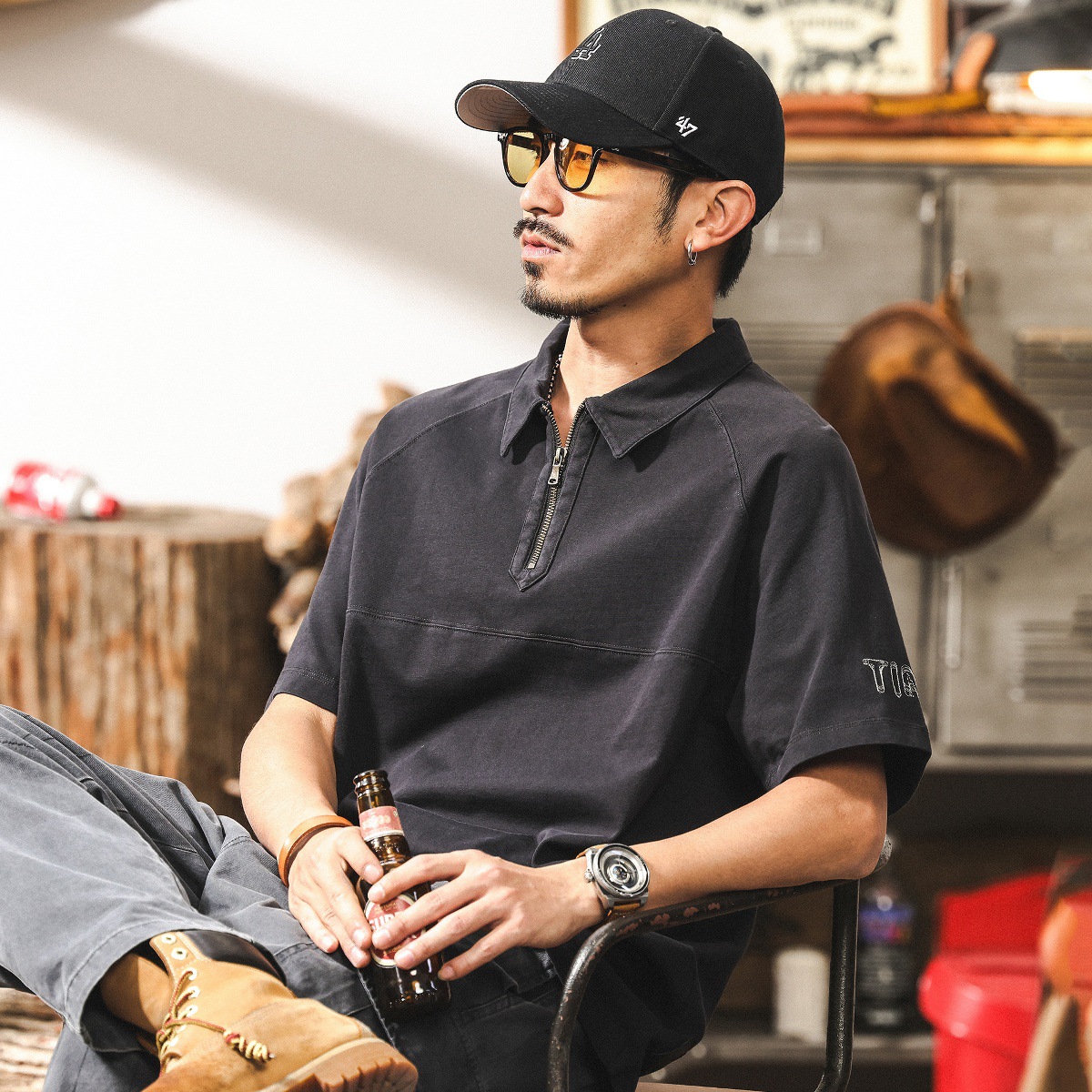 美式復古260g重磅T恤男短袖夏季2025新款寬鬆半拉鍊翻領polo衫男