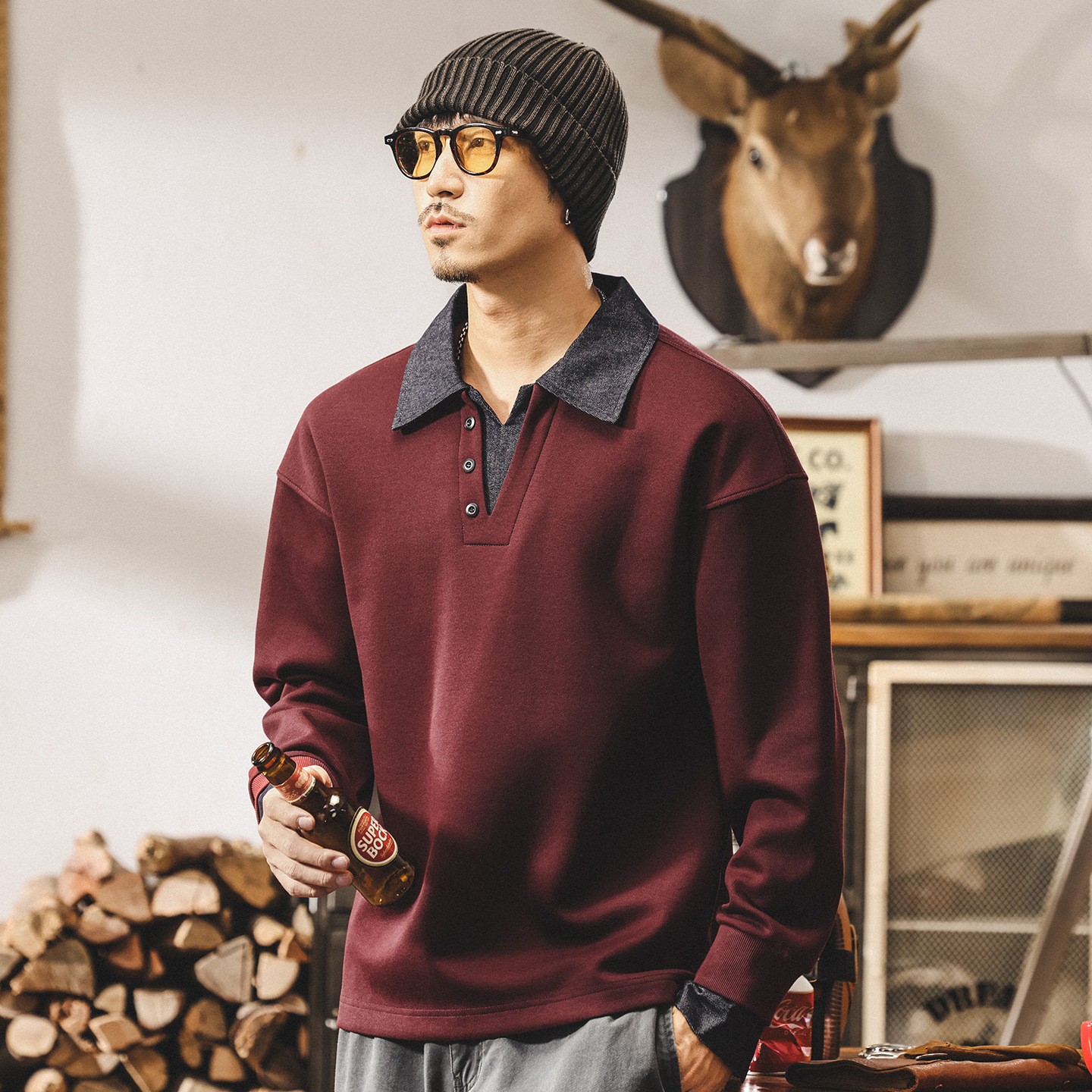 美式復古360g重磅衛衣男秋季新款高級感牛仔襯衫領潮牌假兩件上衣