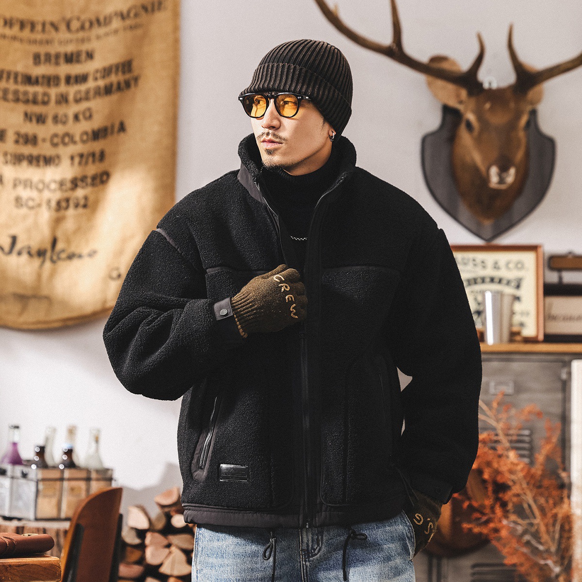 美式復古重磅顆粒絨工裝棉衣外套男冬季新款加厚保暖棉襖男士棉服