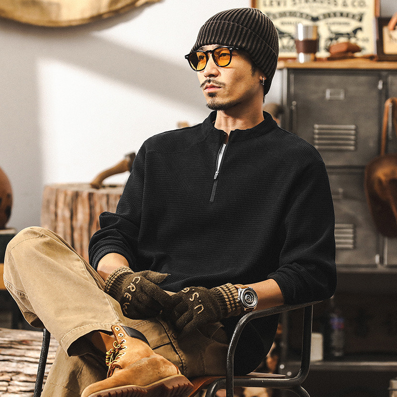 美式復古歐棉絨400g重磅衛衣男春秋長袖T恤男秋季半拉鍊寬鬆上衣