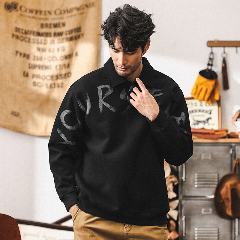 美式重磅380g復古長袖polo衫男秋季寬鬆2024新款珠地棉休閒衛衣男