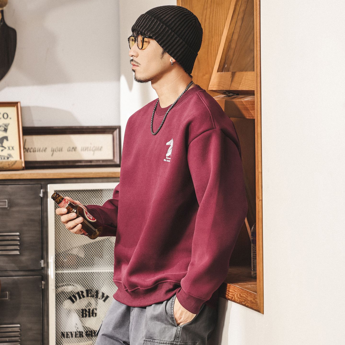 美式復古420g重磅衛衣男春秋2025新款潮牌刺繡寬鬆男士棗紅色上衣