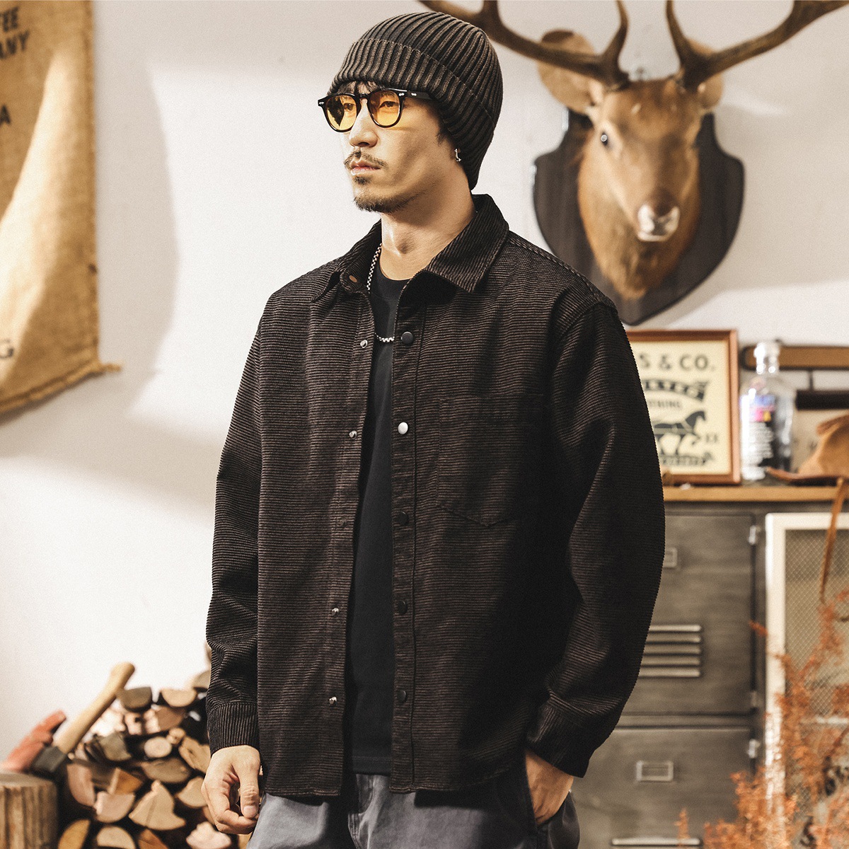 美式復古高級感雪尼爾提花條紋襯衫外套男春秋新款寬鬆休閒襯衣男