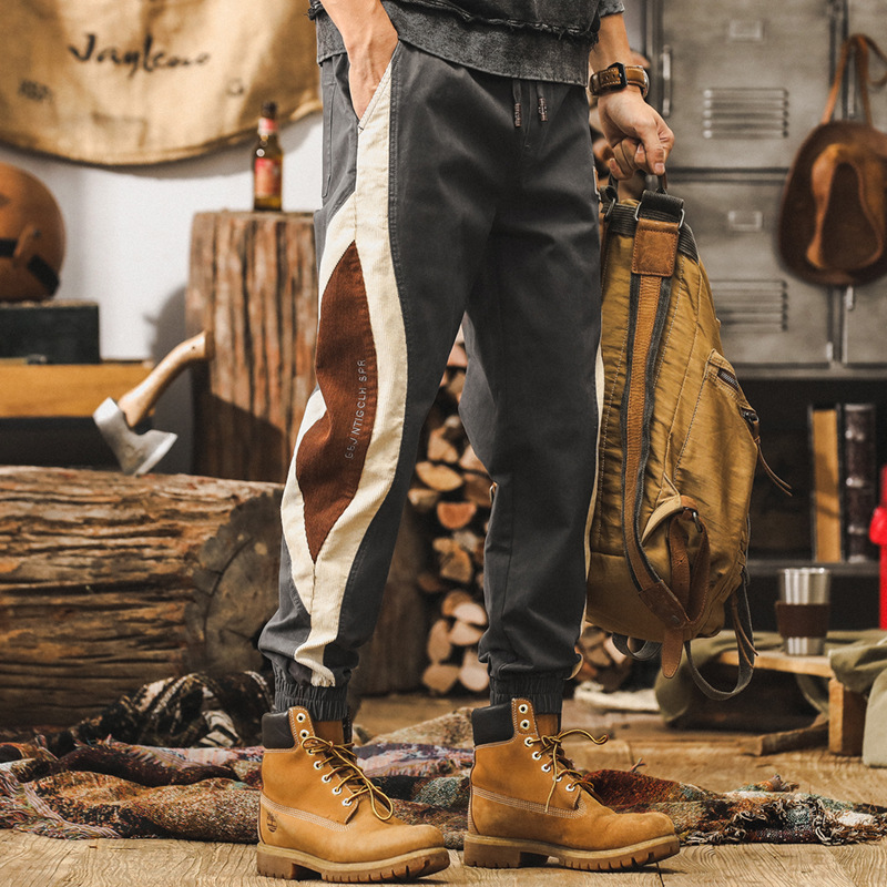 美式復古工裝褲子男秋季新款潮牌撞色潮流設計拼接寬鬆束腳休閒褲