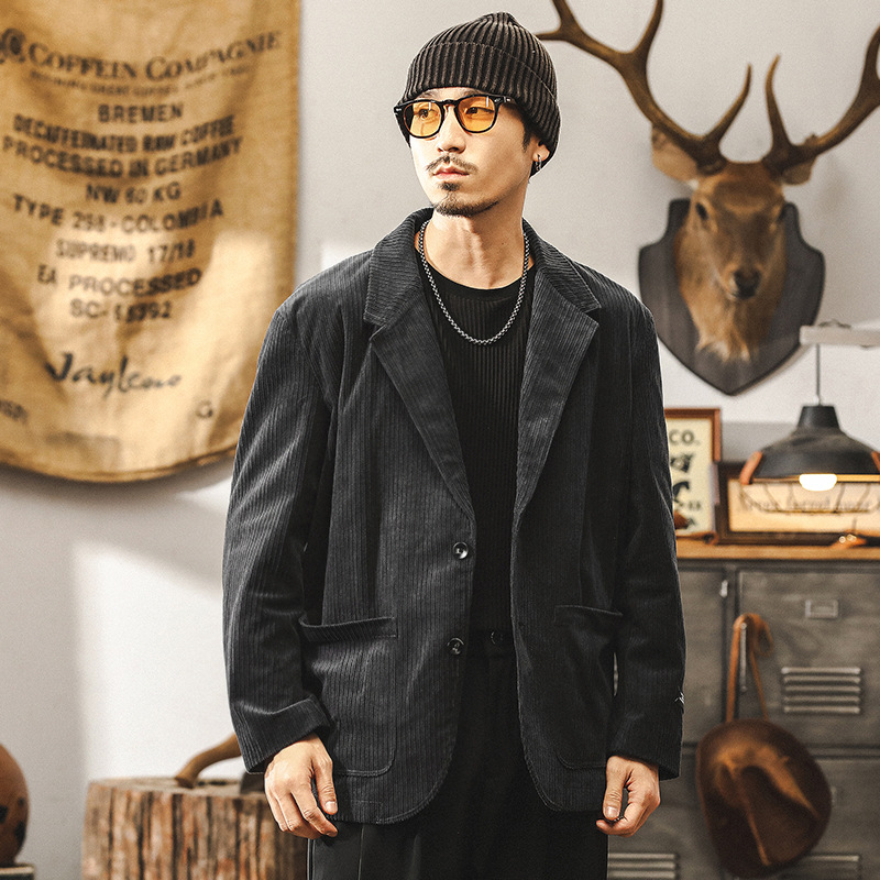 美式復古燈芯絨西裝外套男秋季潮牌古著上班通勤英倫紳士商務西服