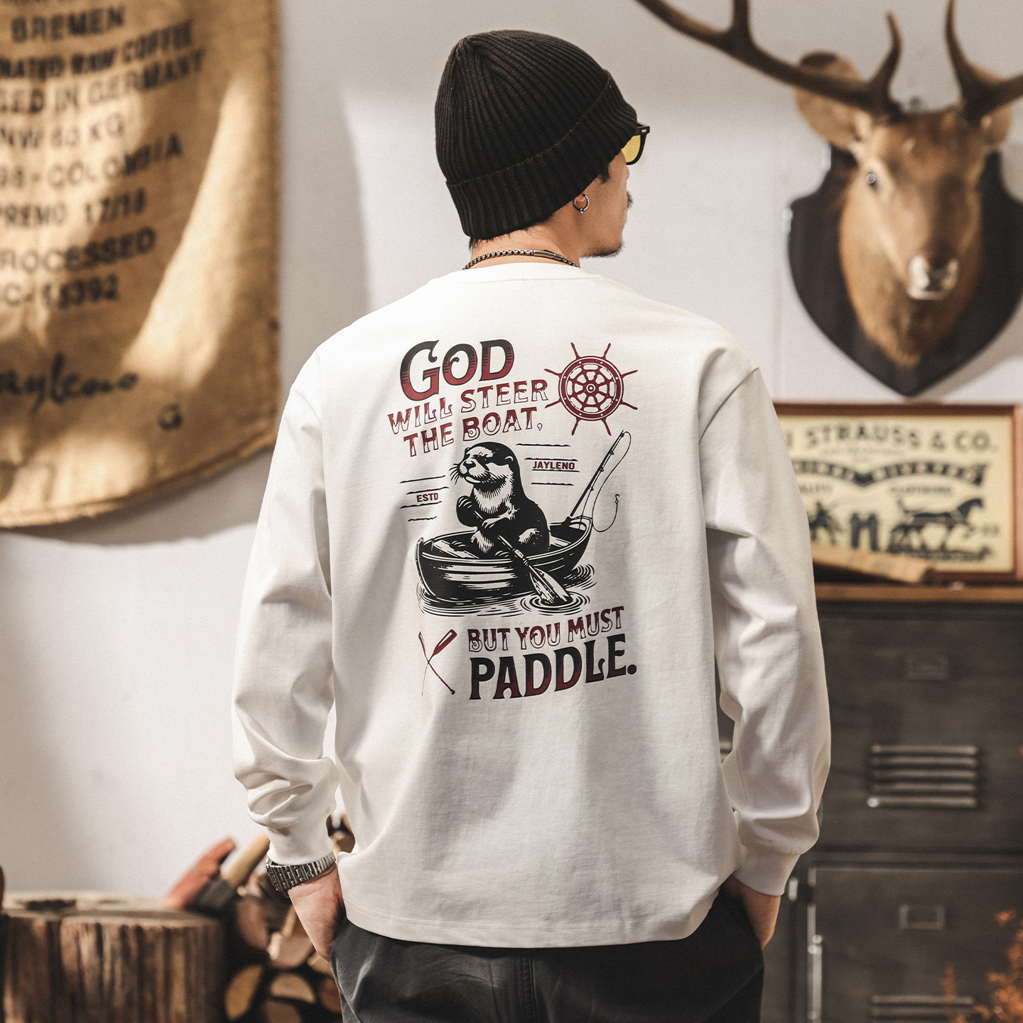 美式復古T恤男士長袖2026春季新款趣味印花潮牌寬鬆休閒上衣