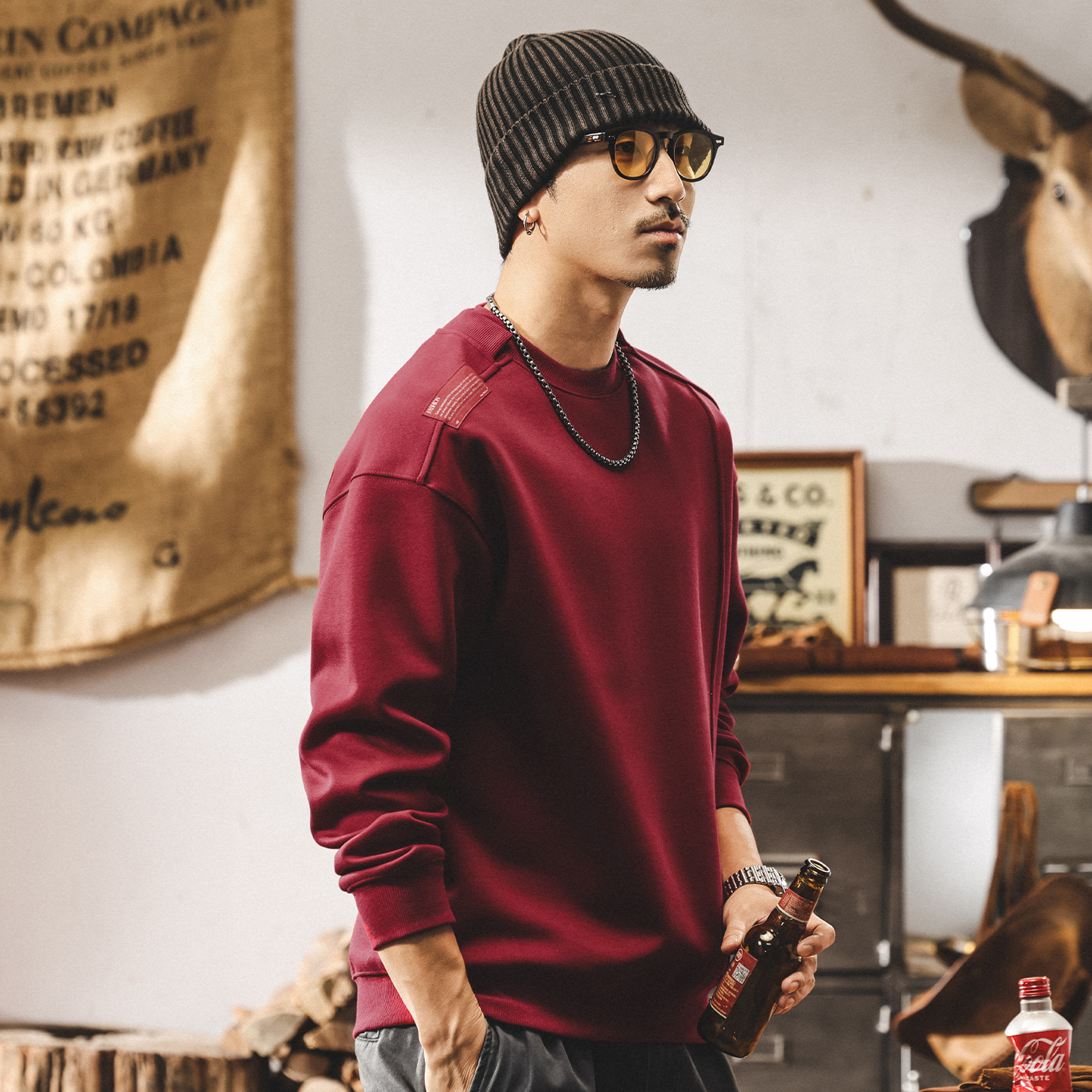 美式復古480g重磅衛衣男春秋2025新款拼接酒紅色寬鬆男士秋季上衣