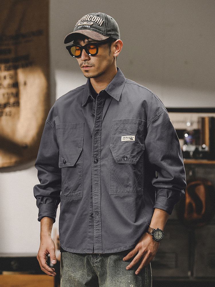 美式水洗重磅工裝夾克外套男2024新款寬鬆潮牌春季襯衫男長袖襯衫