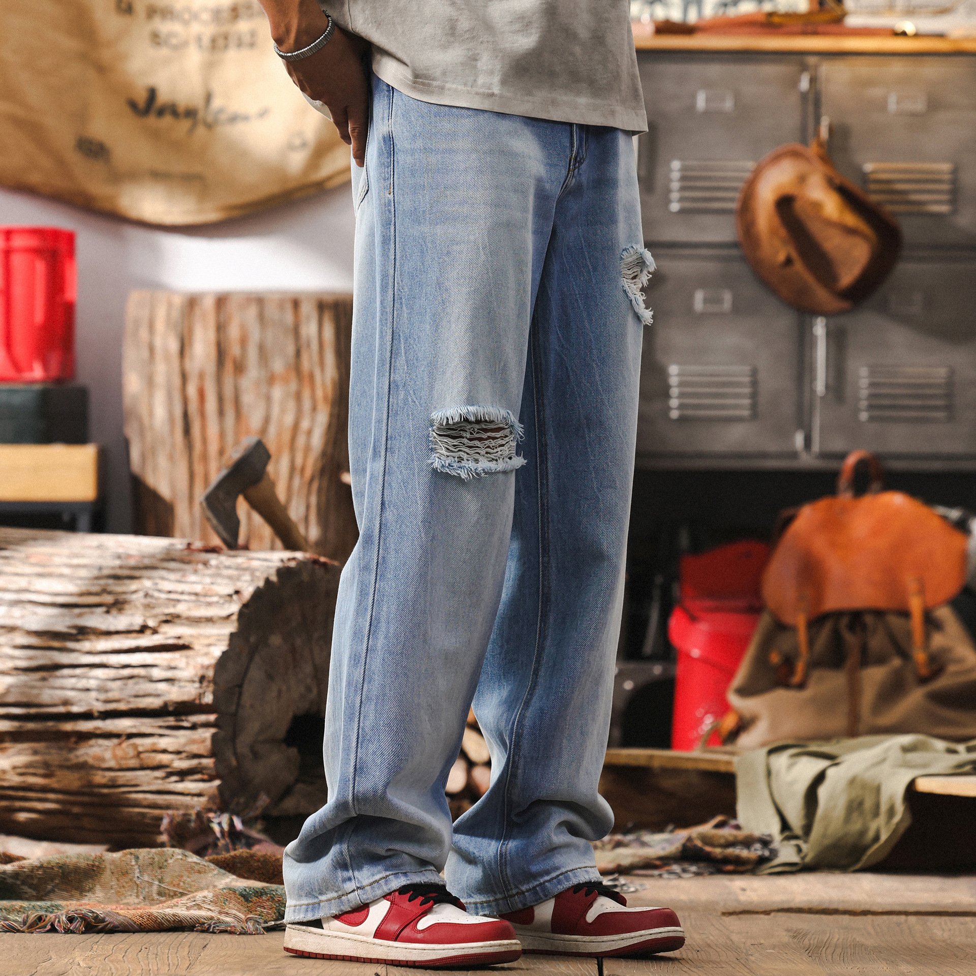 美式復古破洞牛仔褲子男夏季薄款潮流寬鬆直筒扎花水洗男士休閒褲