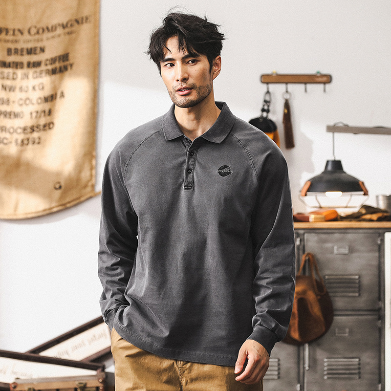 美式復古重磅T恤男秋季寬鬆復古水洗硬漢帥氣潮流長袖POLO衫