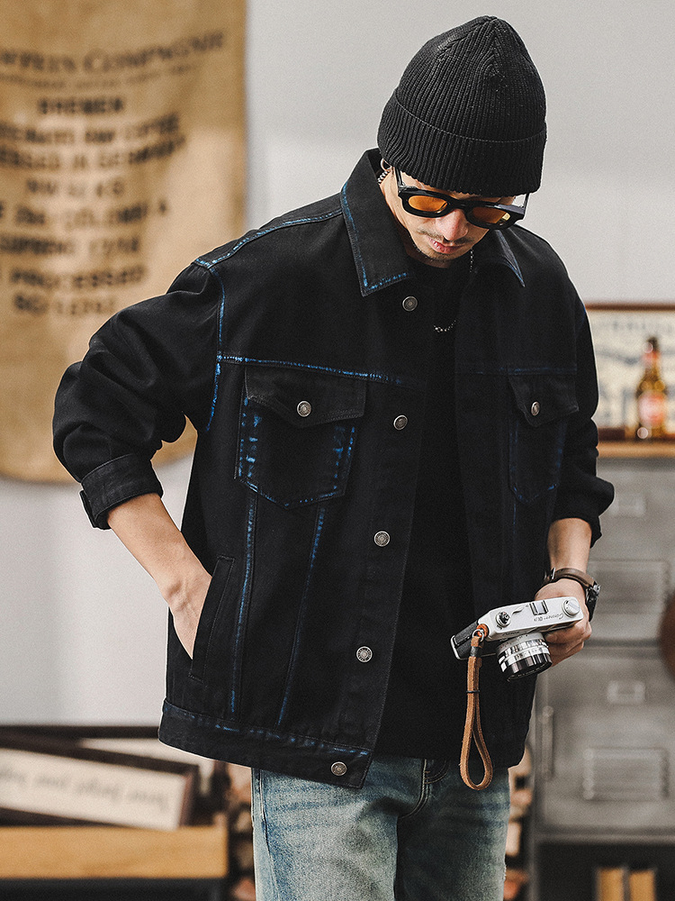 春季新款男士休閒夾克2024新款潮牌高級感手工擦色工裝牛仔外套男