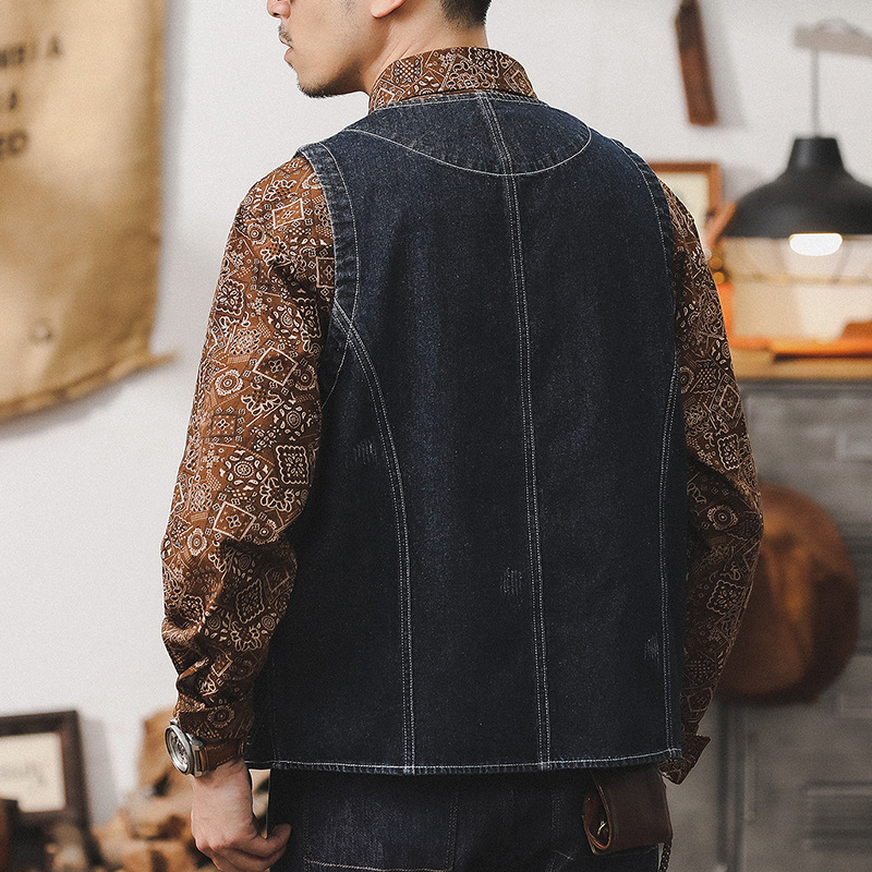 美式復古水洗牛仔馬甲外套男2024新款阿美咔嘰背心男重磅工裝夾克