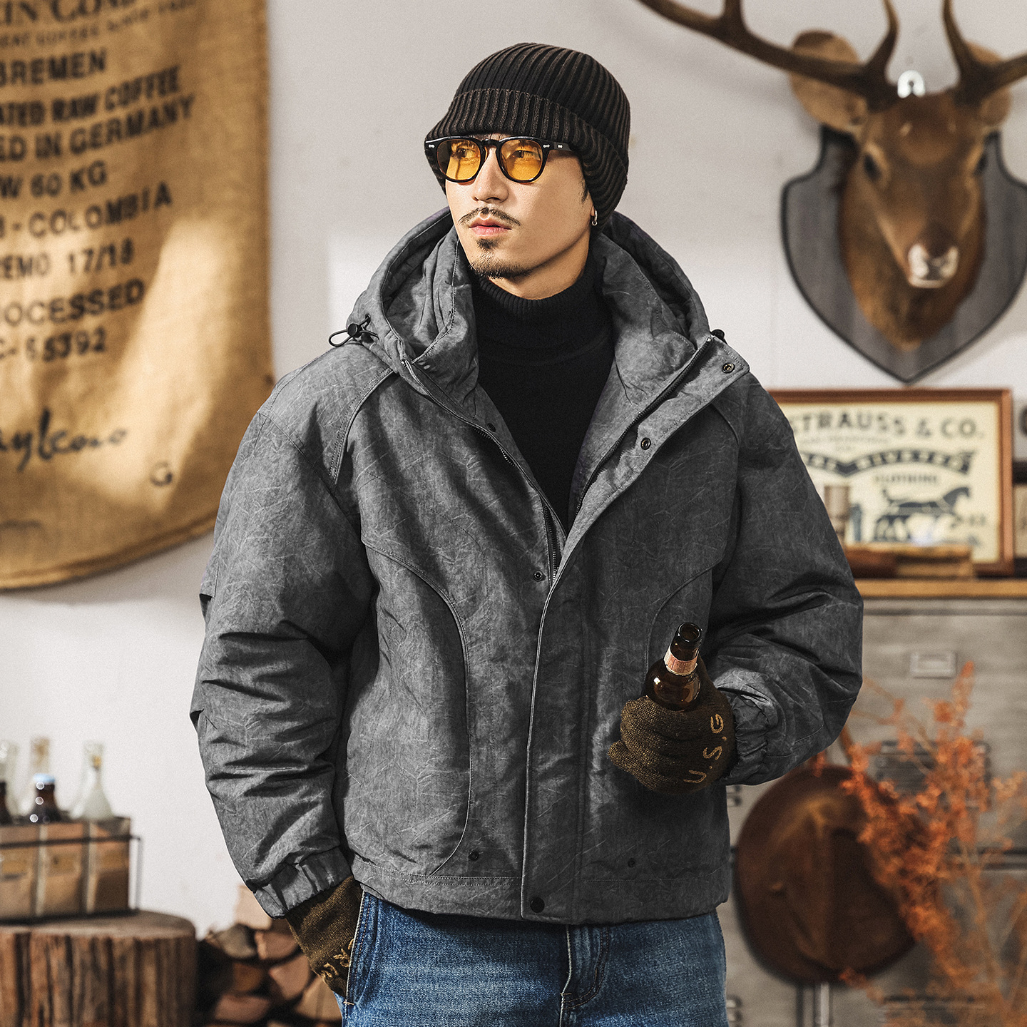 美式復古高充絨蓬鬆連帽羽絨服男冬季加厚新款潮流保暖抗寒外套男