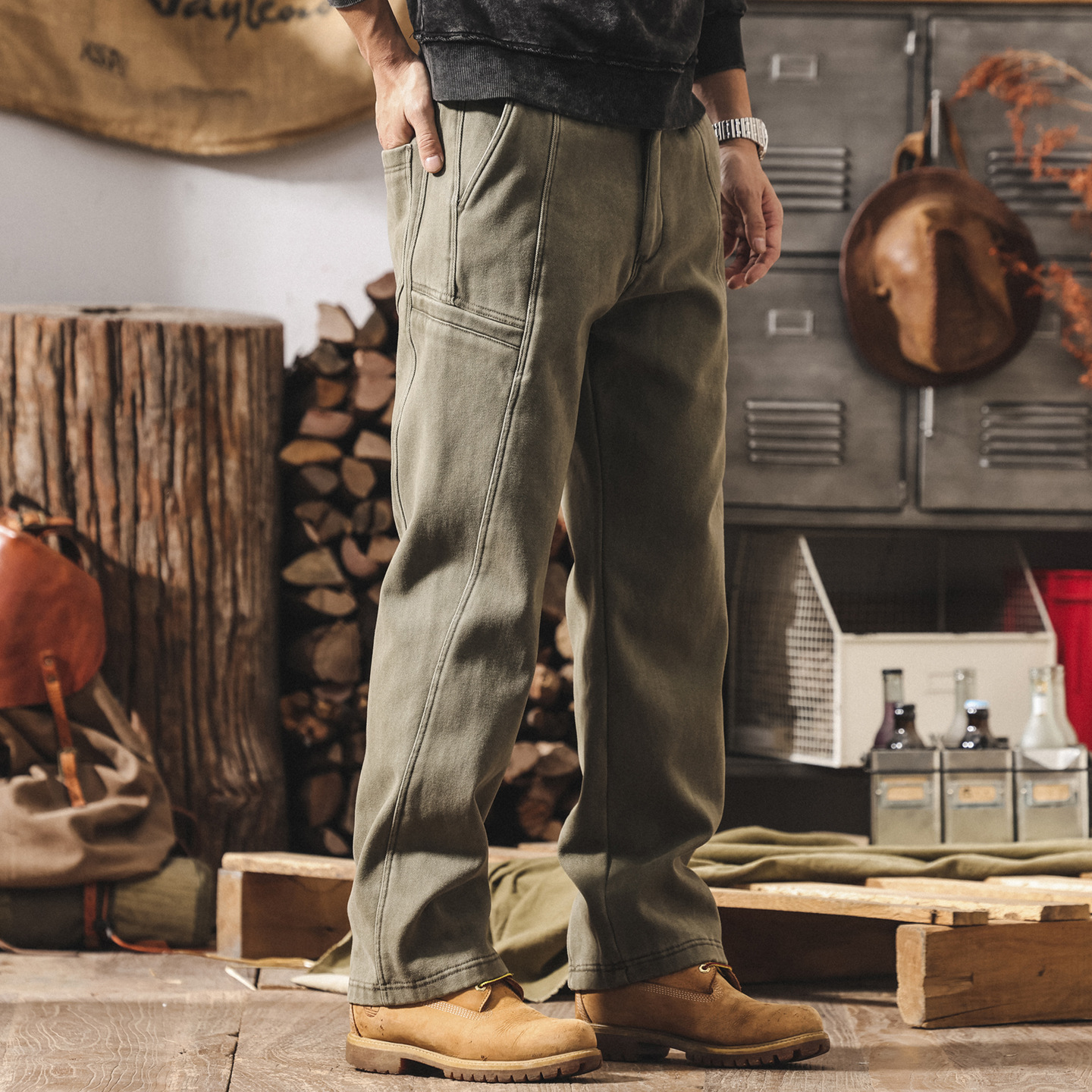 美式復古重磅工裝褲子男款加絨加厚冬季男士褲子直筒寬鬆休閒長褲