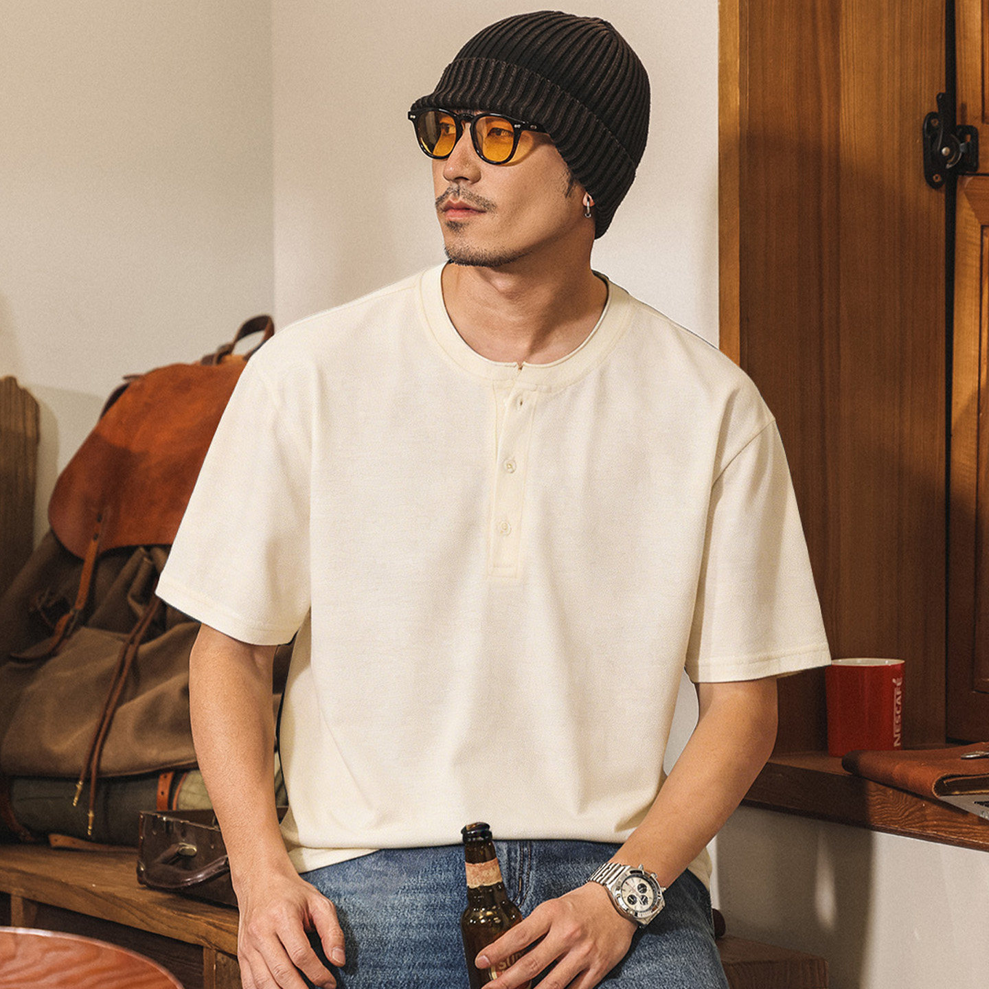 美式復古亨利領亞麻短袖男款T恤夏季2026新款潮牌寬鬆男士Polo衫