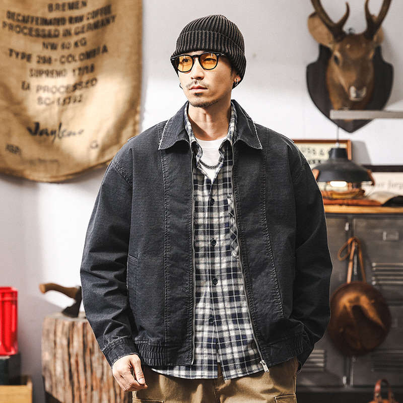 美式復古水洗磨損做舊工裝夾克男秋季新款潮牌阿美咔嘰外套男春秋