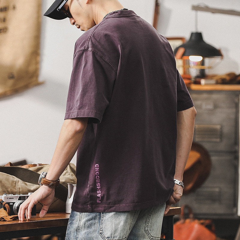 300g重磅T恤男短袖夏季美式復古水洗上衣寬鬆多巴胺紫色體恤