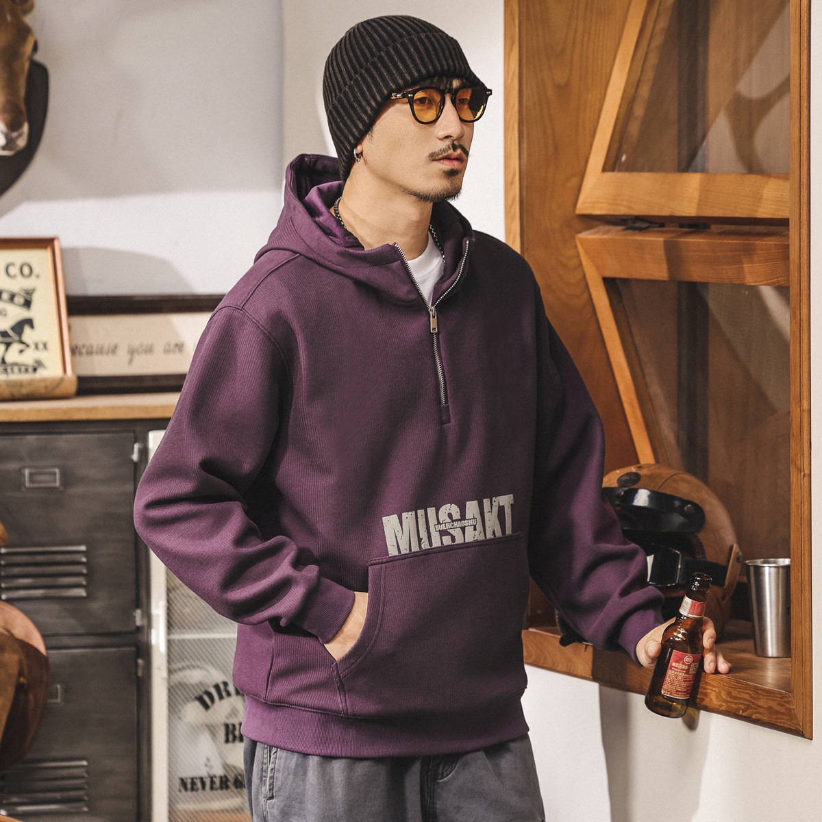 美式復古重磅半拉鍊衛衣男連帽春秋2025新款紫色潮流寬鬆外套秋季