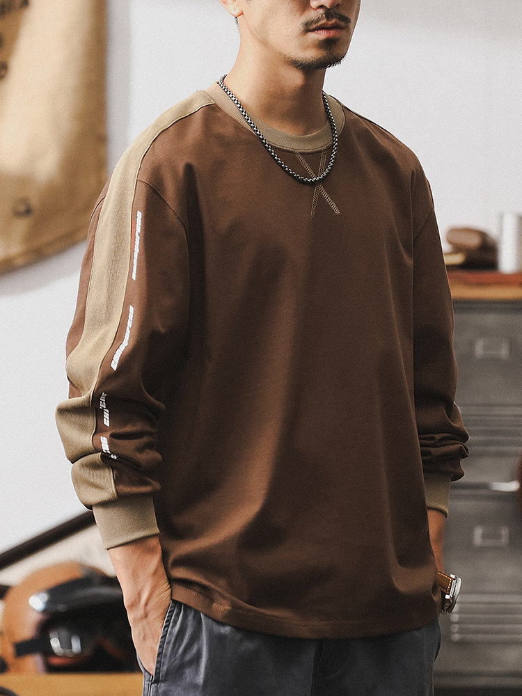 美式複古280g重磅長袖T恤男秋季撞色拼接體恤2024新款寬松衣服男