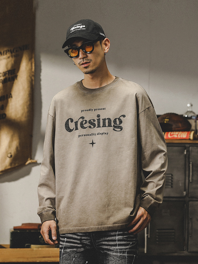 杰雷諾2024春季新款長袖T恤男美式重磅做舊上衣寬鬆打底衫男