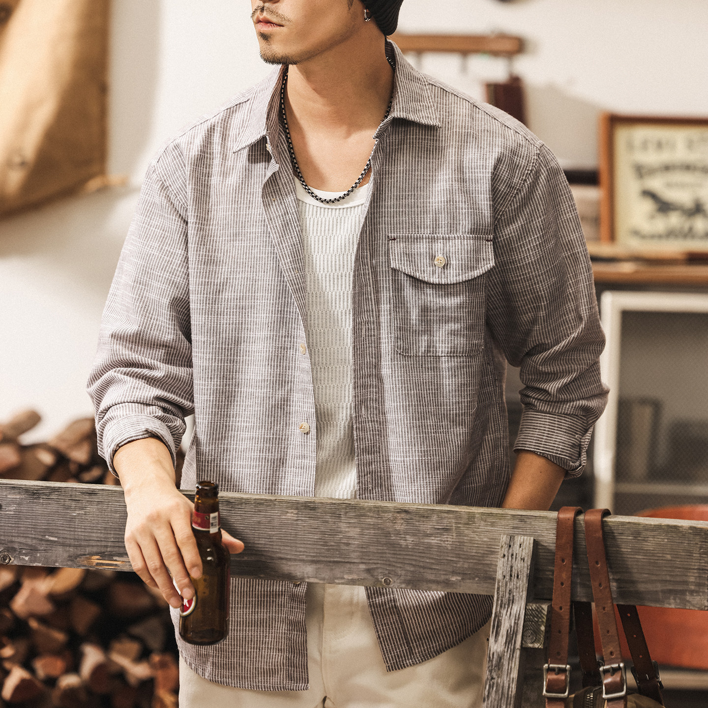 美式復古亞麻條紋長袖襯衫男春季2026新款通勤竹節紋休閒襯衣外套