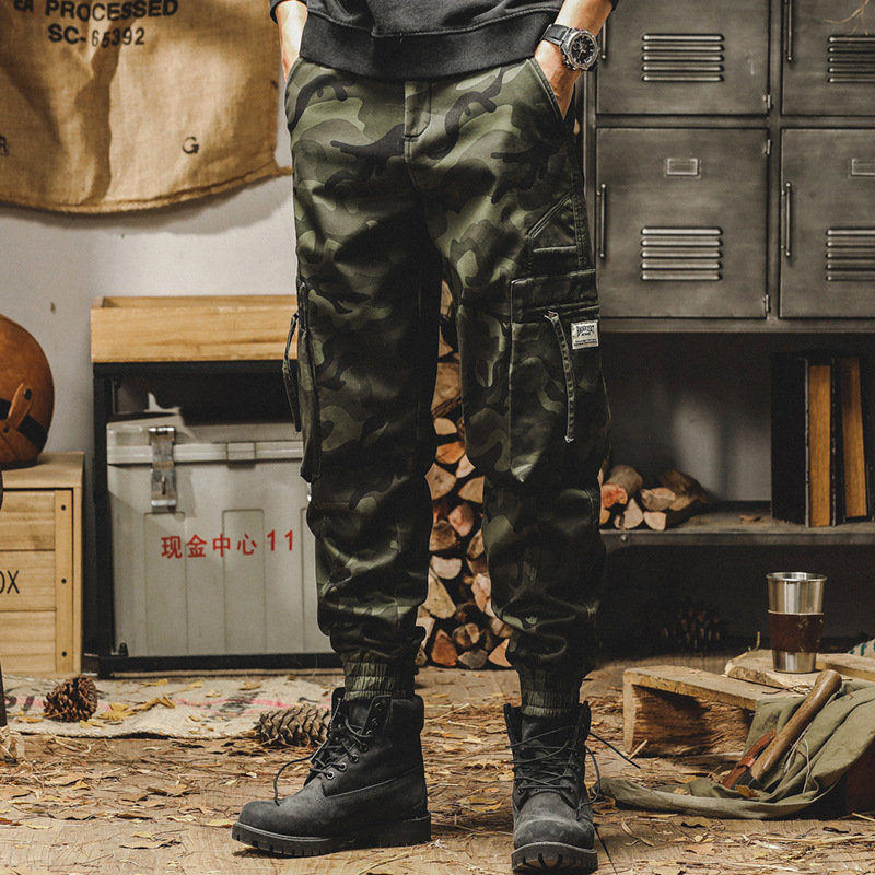 美式重磅迷彩加絨休閒褲男冬季寬鬆直筒秋冬款潮流復古傘兵工裝褲