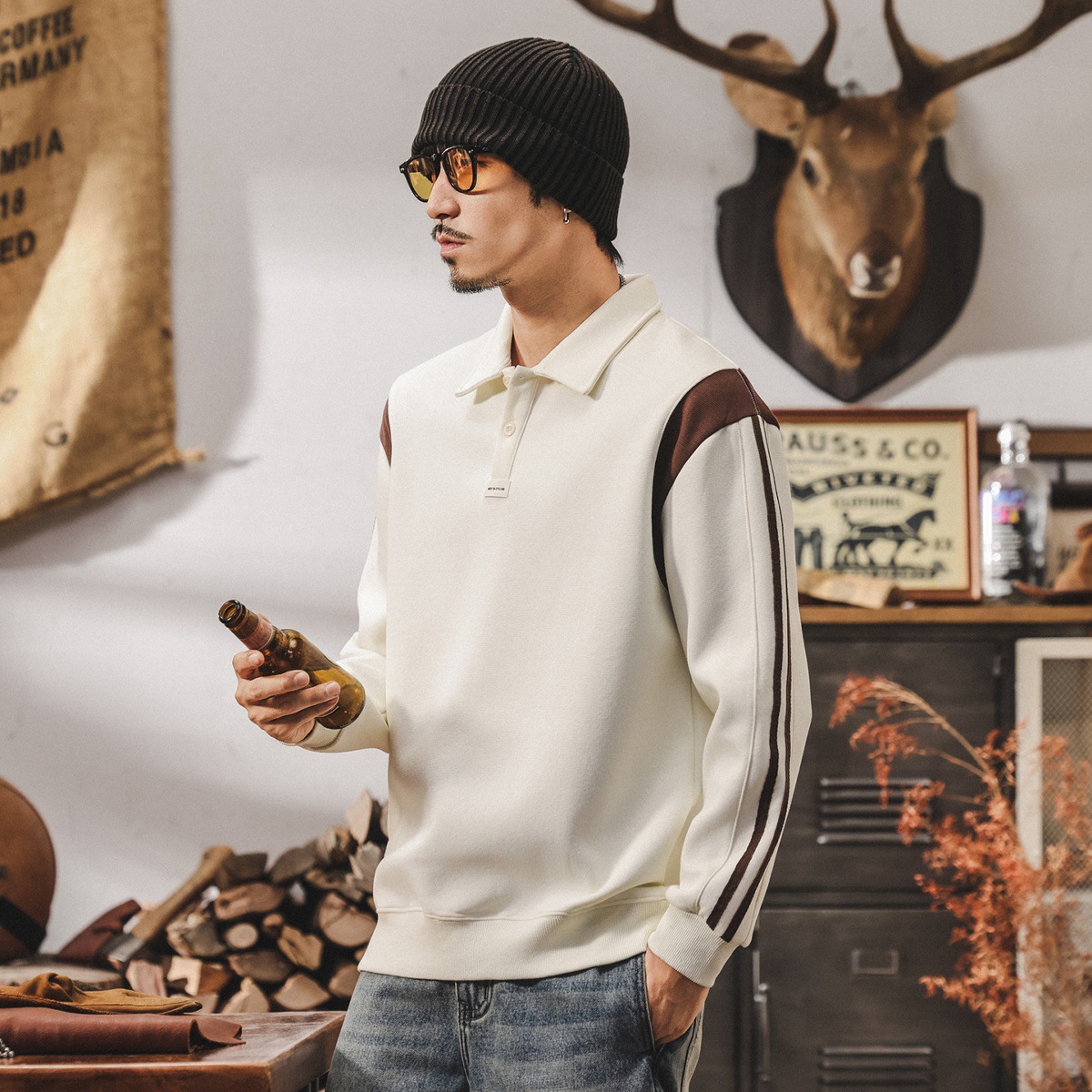 美式復古撞色拼接Polo領衛衣男春秋新款潮牌大碼寬鬆休閒男士上衣