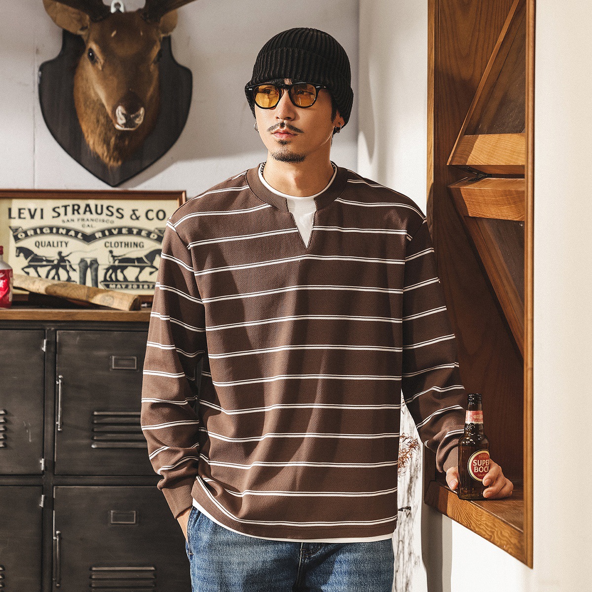 美式復古假兩件條紋衛衣男款春秋寬鬆潮牌280g重磅新款長袖上衣男