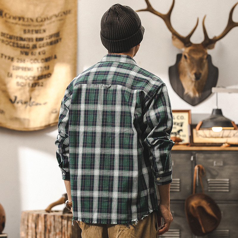 美式復古18支高密粗紡戰損破洞襯衫男長袖秋季潮牌寬鬆格子襯衣男