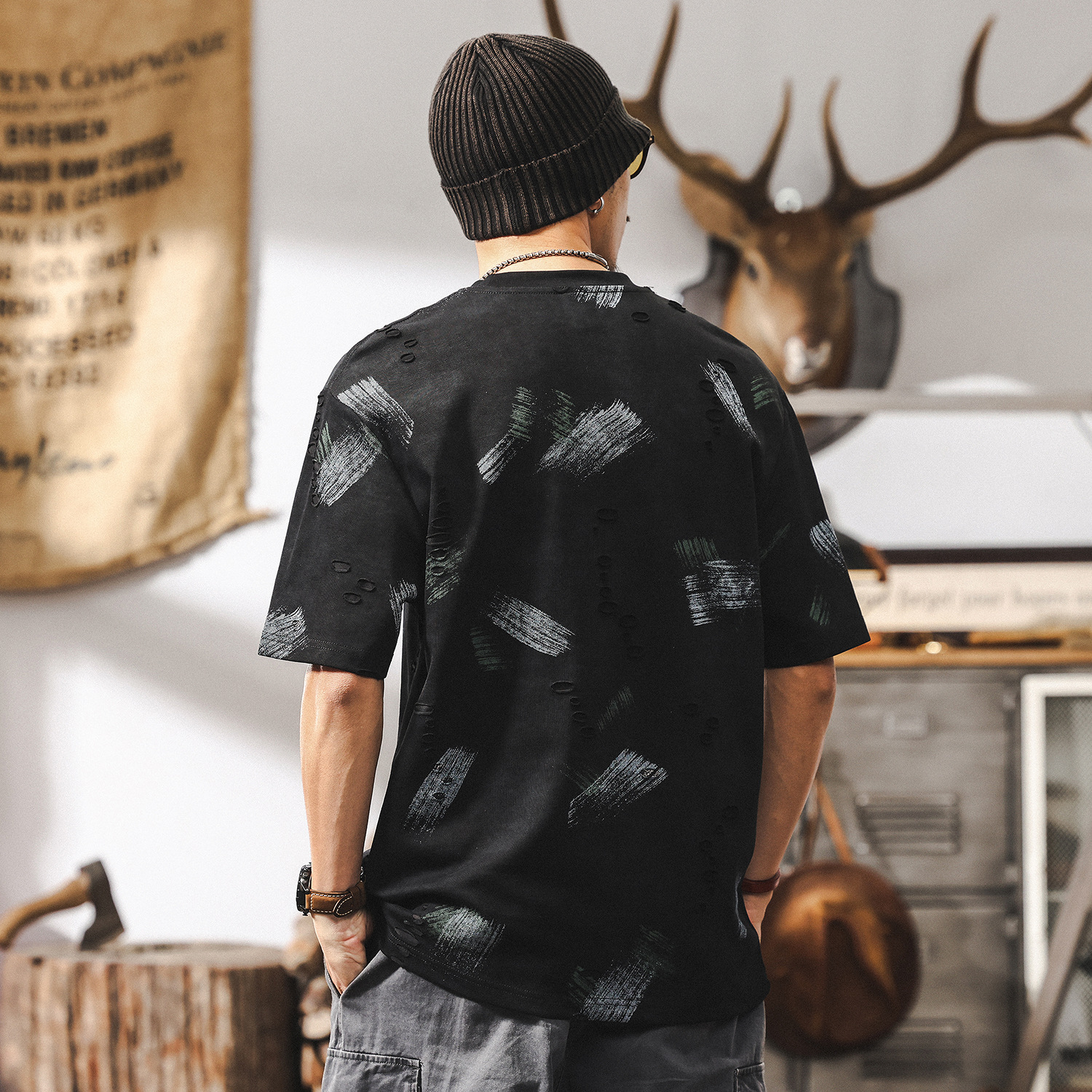 美式重磅復古夏季T恤男士短袖潮流破洞雲染高級感半截袖男裝體恤