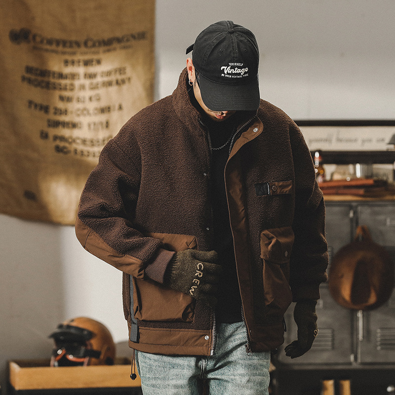 美式重磅羊羔絨棉服外套男冬季2023年新款寬鬆潮牌加絨加厚棉襖男