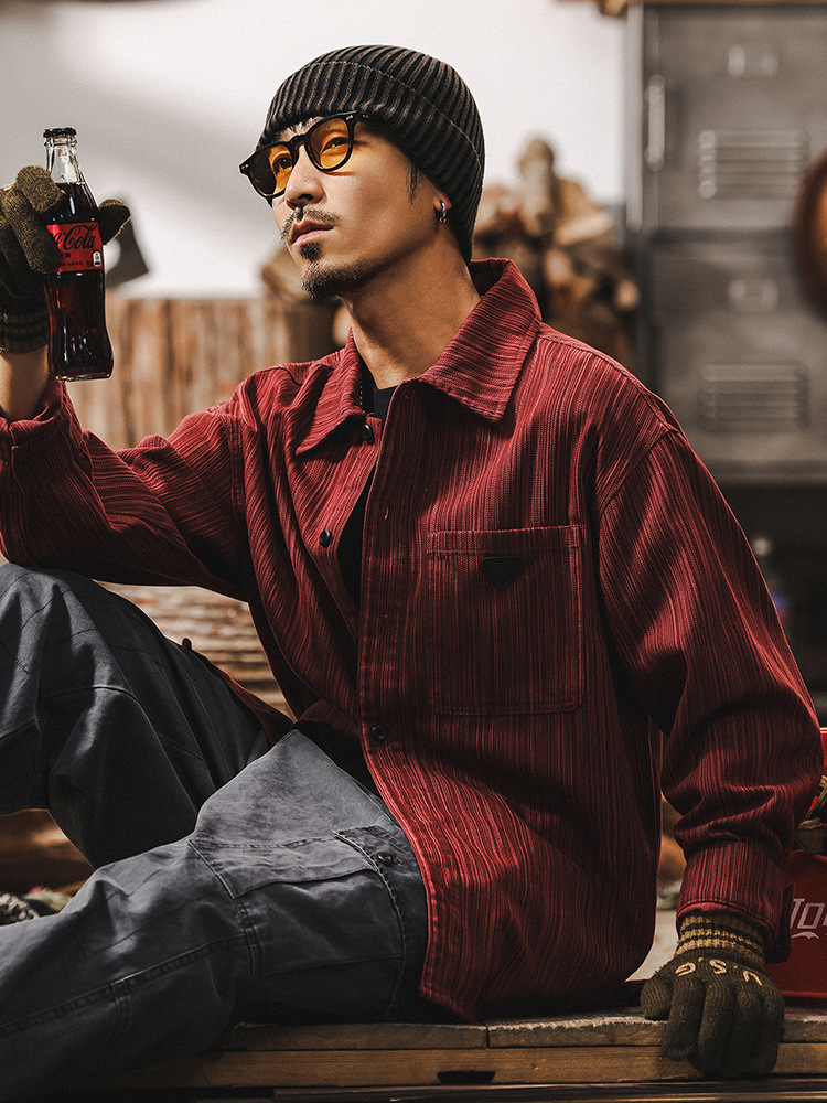 美式復古紅色竹節紋襯衫男長袖春季2025新款寬鬆潮牌休閒襯衣外套