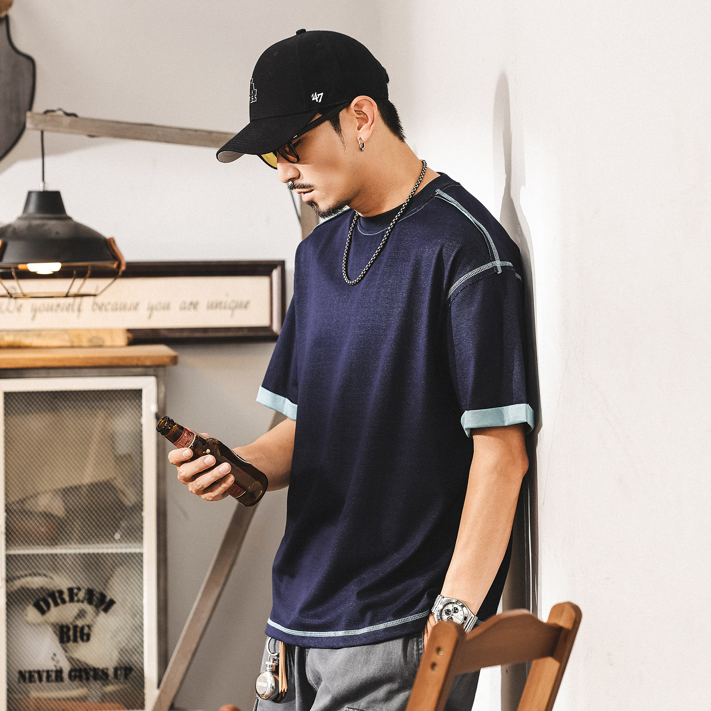 夏季涼感速幹T恤男7A級抗菌防蟎拼色假兩件寬鬆男士短袖上衣T體恤