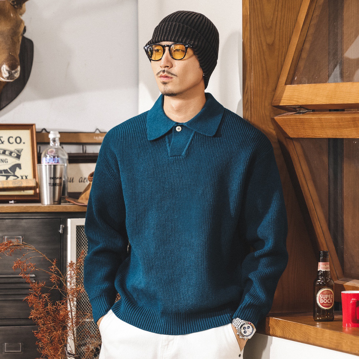 美式復古Polo馬球領毛衣男秋冬新款輕熟寬鬆毛線衣休閒男士針織衫