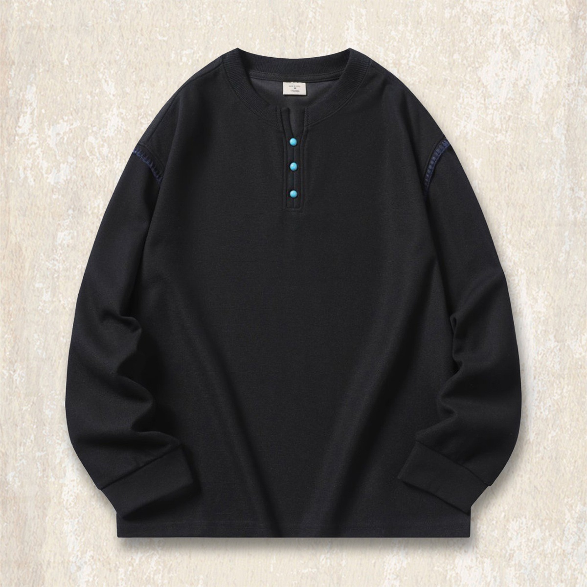 美式復古亨利領衛衣男春秋新款潮流設計感長袖男t恤寬鬆休閒上衣