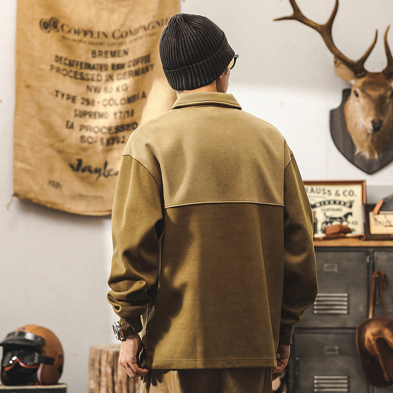 美式重磅復古秋季衛衣男潮流拼接設計感上衣半拉鍊POLO衫男秋冬款