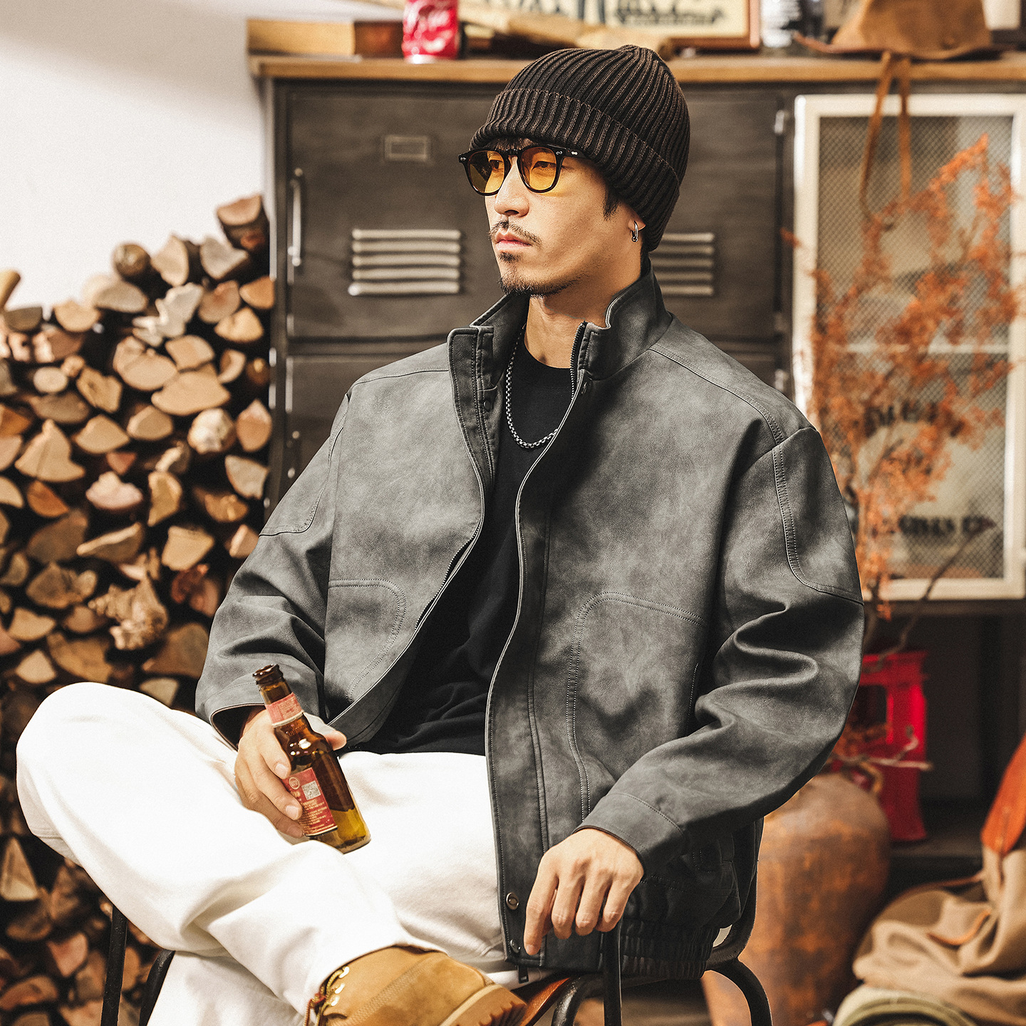 美式復古髒染啞光PU皮衣外套男春秋新款痞帥潮流機車立領皮夾克男