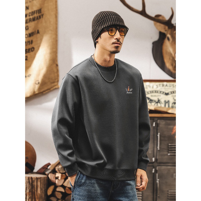 美式復古360g重磅男士秋季衛衣2025新款潮流印花寬鬆長袖圓領上衣