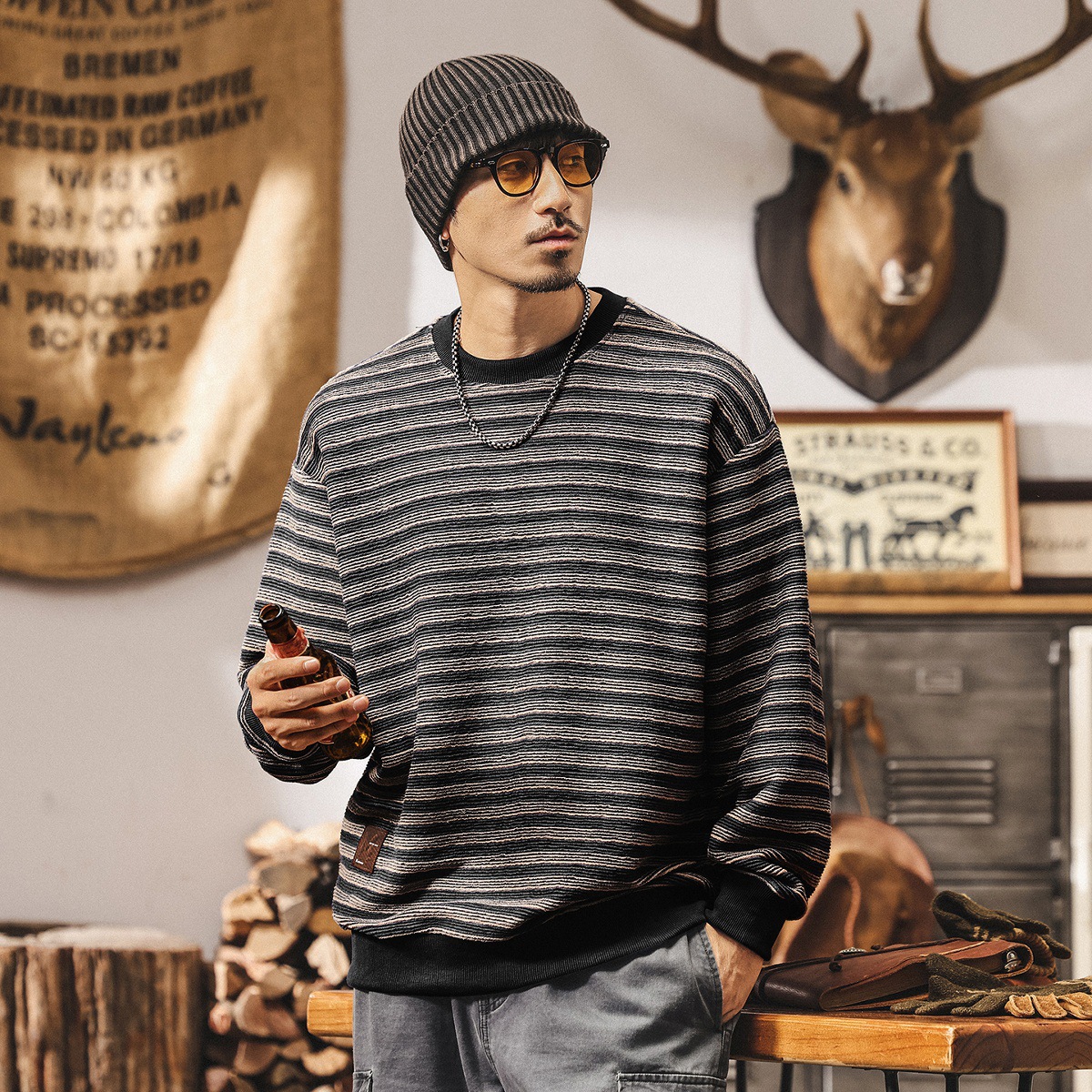 美式復古350g重磅衛衣男秋季新款潮牌肌理條紋海魂寬鬆休閒上衣男