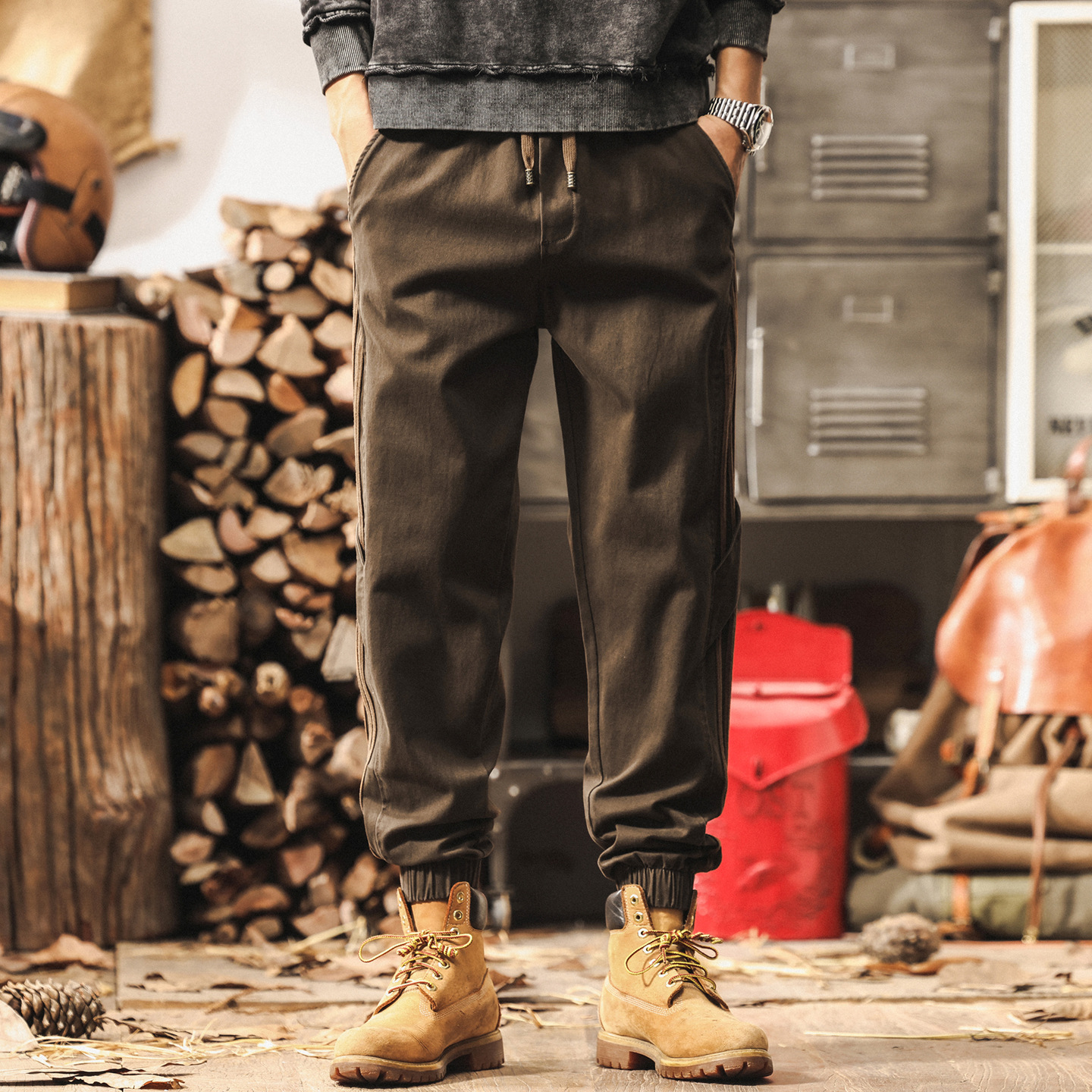 美式復古工裝褲男寬鬆潮流秋季拼接潮牌褲子男春秋直筒束腳休閒褲