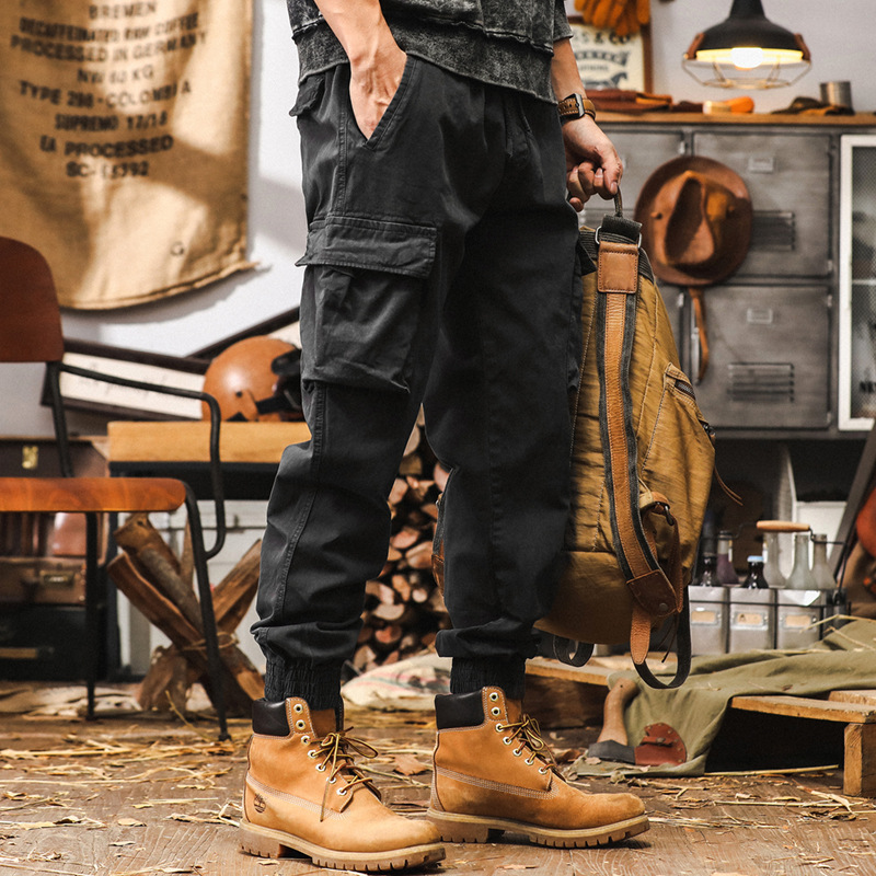 美式復古紫色工裝褲男寬鬆潮牌秋季多口袋束腳城市戶外通勤休閒褲