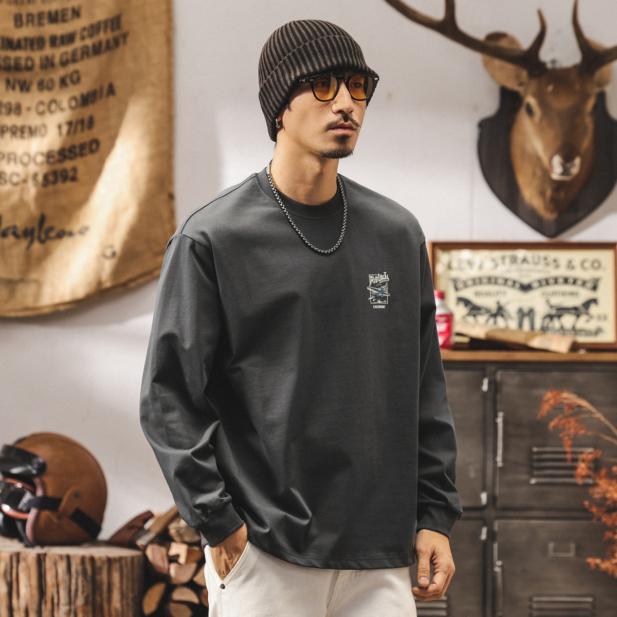 美式復古重磅長袖t恤男寬鬆大碼秋季男裝潮牌漫畫印花男生上衣潮T