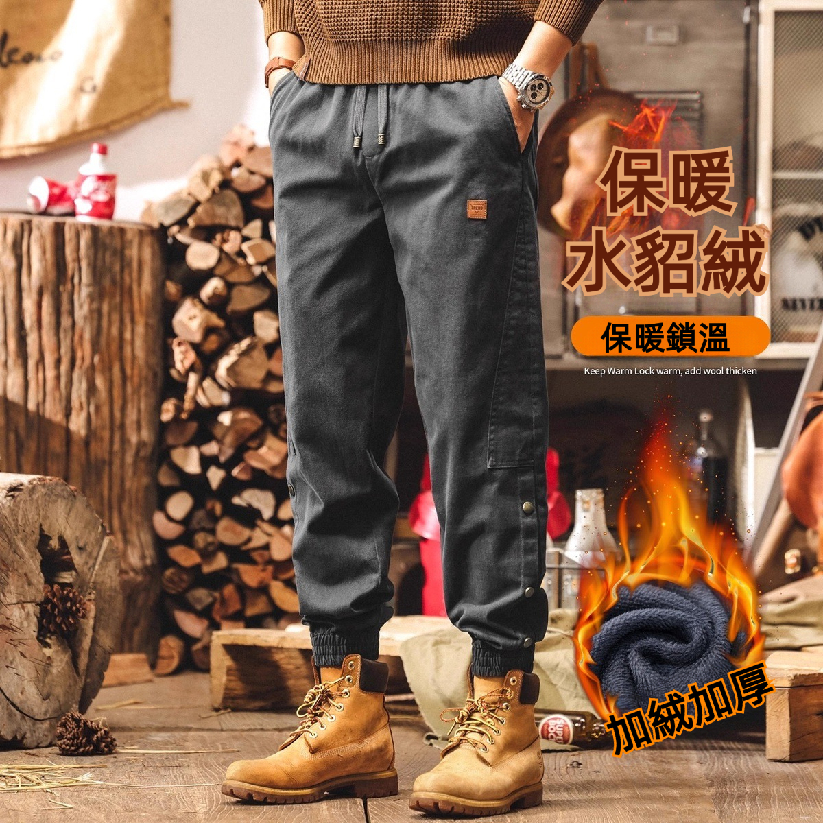美式重磅復古加絨褲子男士冬季加厚雪花絨休閒褲男款束腳工裝褲子