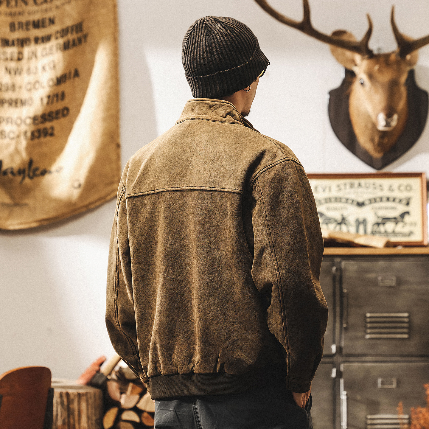 美式復古斑駁蠟感皮夾克男秋季新款潮牌寬鬆秋冬阿美咔嘰工裝外套