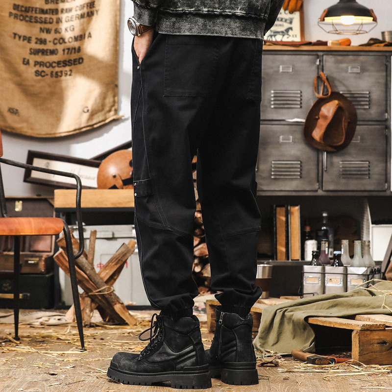 美式復古工裝褲男秋季2024新款潮牌休閒束腳長褲寬鬆水洗黑色褲子
