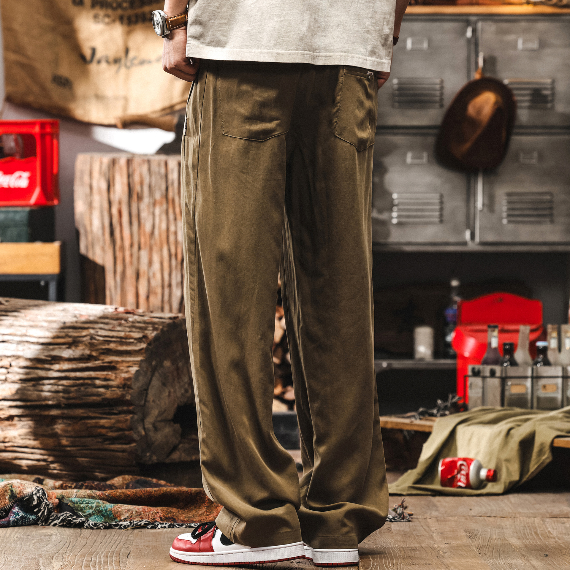 萊賽爾卡其色休閒長褲男款夏季薄款垂感亞麻褲子潮牌寬鬆直筒男褲