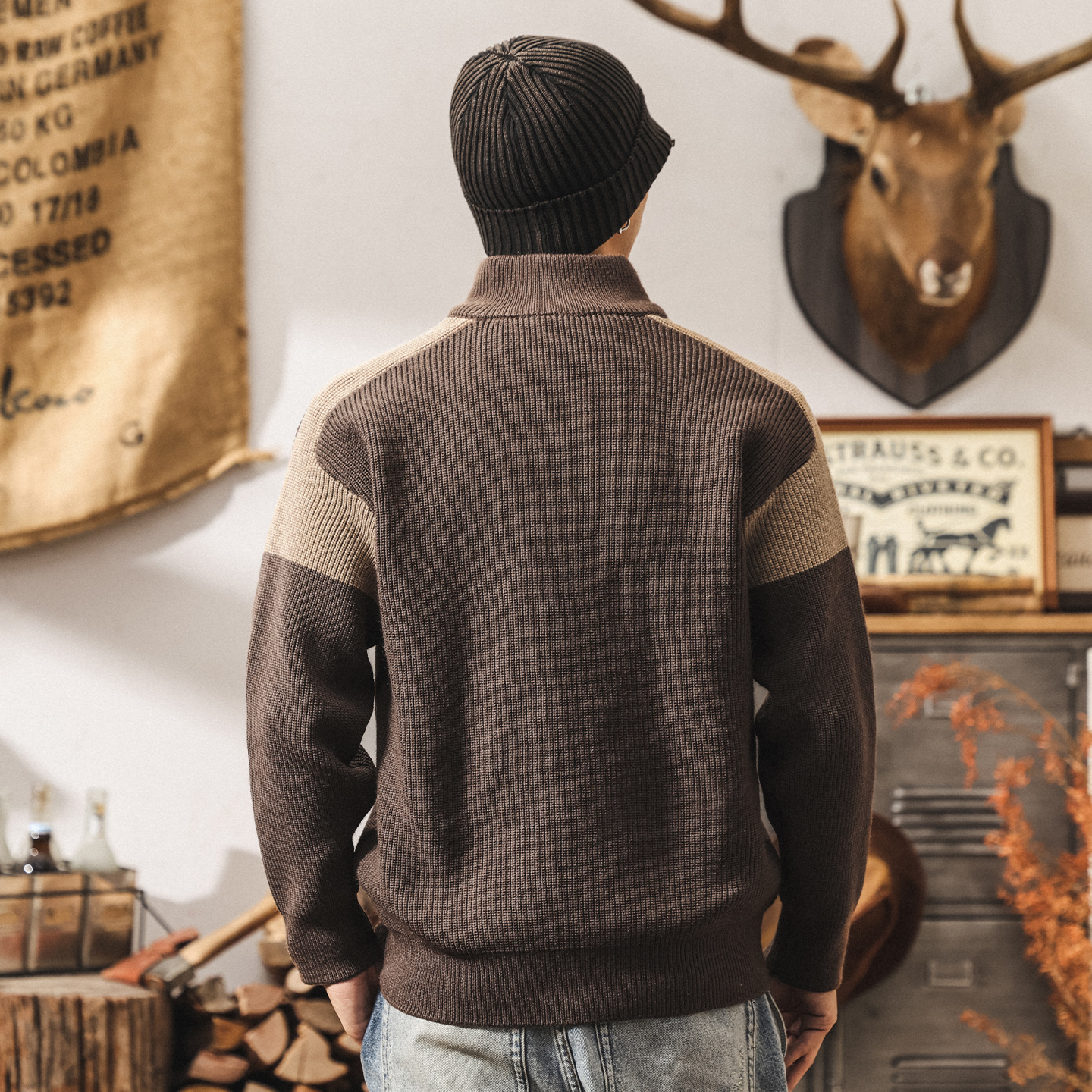 美式復古半高領拉鍊加厚毛衣男冬季保暖潮牌撞色寬鬆針織衫外套男